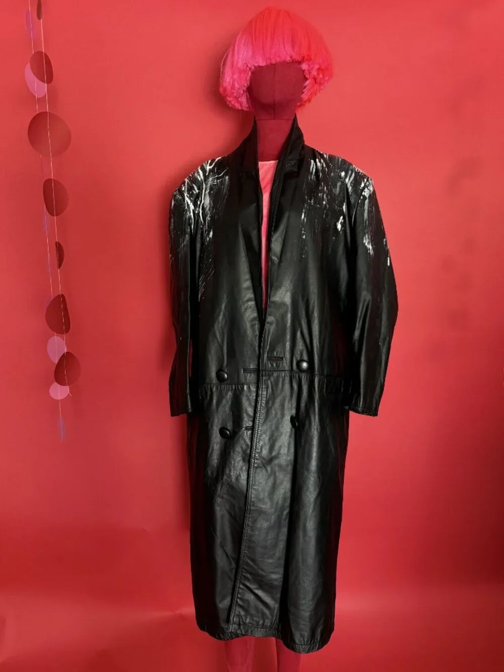 Upcycled Leather Statement Coat – Vintage 80s/90s Black Trench - Picture 3 of 12